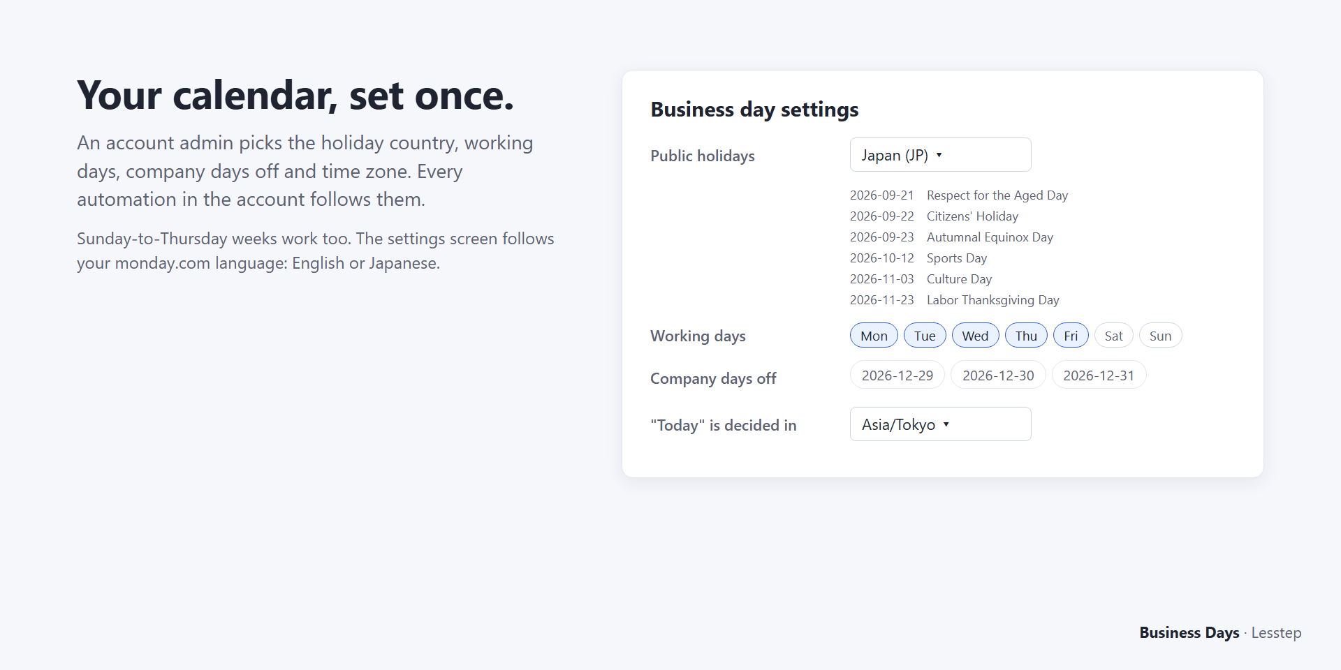 The settings: holiday country, working days, company days off and time zone